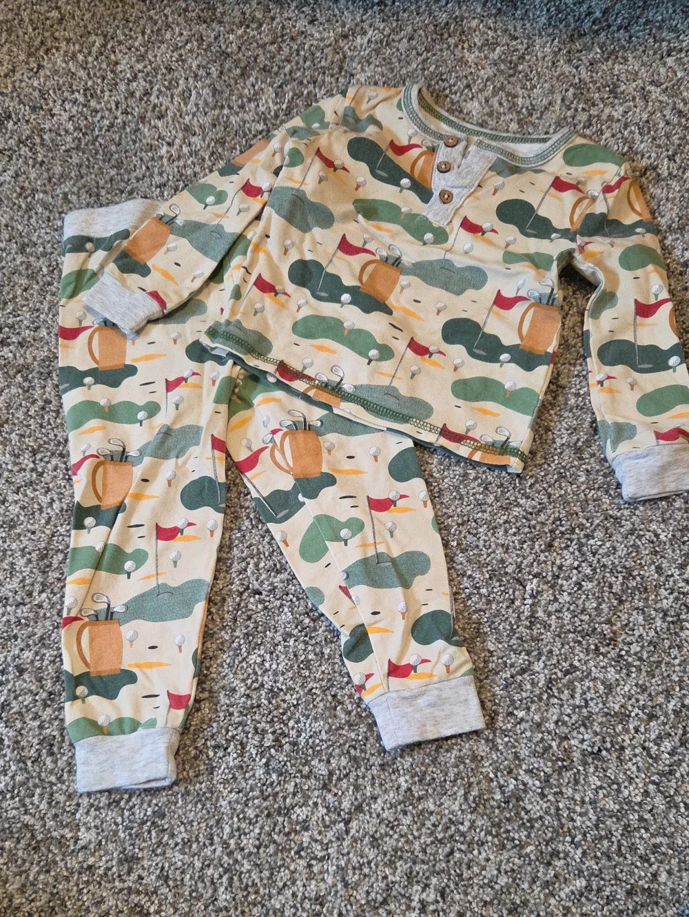 Mud Pie Beige and Green Golf-Print Kids Pajama Set